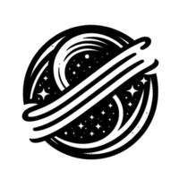 A graphic, minimalist circular representing a stylized planet with starry skies inside, and three parallel curved stripes around the central space. vector
