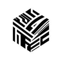 Isometric Cube Abstract A Black and White Geometric Featuring Textual Elements and a Modern, Minimalist Aesthetic. vector