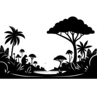 A Silhouetted Jungle Scene with a Monkey, Palm Trees, and Lush Vegetation Under a Moonlit Sky. vector