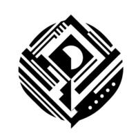 Geometric Abstraction A symmetrical black and white composition of shapes, lines, and gradients within a stylized, pointed oval. vector