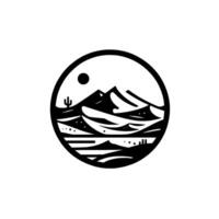 Minimalist black and white circular depicting a desert landscape with mountains, sun, cactus, and water. vector