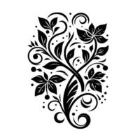 Intricate black and white floral design, symmetrical composition, stylized leaves, swirling tendrils, botanical illustration, dots. vector
