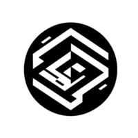 A monochrome geometric featuring white, angled lines forming an abstract, enclosed shape within a black circular background, evoking a modern aesthetic. vector