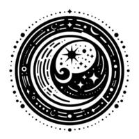 Celestial Mandala A symmetrical black and white cosmic featuring a stylized starburst, crescent moons, constellations, and orbital elements. vector