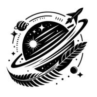 Black and white stylized space illustration with a planet, rocket, stars, and feathers, conveying cosmic exploration and dreamlike elements. vector