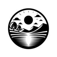 A circular, minimalist black and white landscape featuring trees, a lake, mountains, sun, and clouds, creating a serene outdoor scene. vector