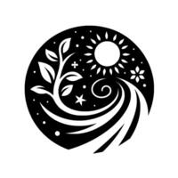 Black and White Circular Nature Illustration Sun, Plant, Flowing Water, and Celestial Elements within a Decorative Frame. vector