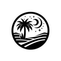 illustration of a tranquil beach scene at night, featuring a palm tree, crescent moon, stars, and stylized landscape within a circular frame. vector