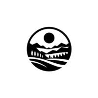 Black and white circular featuring a serene landscape of mountains, trees, rolling hills, and the sun in a minimalist design. vector