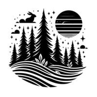 Black and white minimalist illustration rabbit on cloud, forest silhouette, striped hills, moon, stars, and clouds, creating a whimsical night scene. vector