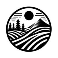 A stylized black and white circular landscape emblem featuring rolling hills, pine trees, and a mountain range beneath the sun. vector