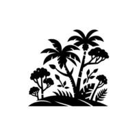 Black and white minimalist illustration featuring palm trees, assorted foliage, and tropical plants silhouetted on a white background. vector