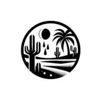 Black and White Desert Scene Silhouette of cacti, palm tree, sun, and landscape in a circular frame. vector