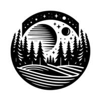 Black and white minimalist circular featuring a forest silhouette under a striped moon and starry sky, evoking a sense of nature. vector
