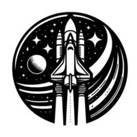 Stylized Black and White Space Shuttle Launching from Earth in a Circular Composition with Stars and a Crescent vector