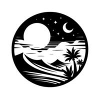 Silhouette of a Tropical Night Scene Within a Circle, Featuring Moon, Stars, Palm Trees, Mountains, and Waves. vector