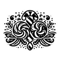 Ornamental Black and White Composition Featuring a Candy Cane, Swirl Lollipops, and Botanical Embellishments. vector