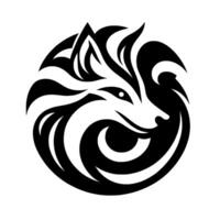 Sleek, stylized black and white circular emblem of a wolfs head, featuring flowing lines and curved shapes, set against a minimalist white background. vector