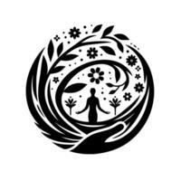 Symbolic Black and White Circular Design Human Figure in Natures Embrace with Hand, Flowers, and Leaves. vector
