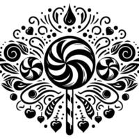 Whimsical black and white symmetrical lollipop design, featuring a central swirl lollipop, surrounded by ornaments, hearts, and smaller lollipops. vector