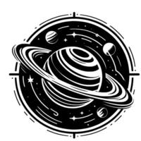 Black white cosmic illustration of a planet with rings, surrounded by stylized planets, stars, and orbiting lines within a circular frame. vector