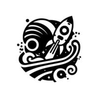 Artistic Black and White Illustration of a Rocket Launching from a Planetary Body Surrounded by Cosmic Elements and Swirling Shapes. vector