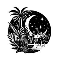 Black and White Tropical Night Scene Palm Tree, Moon, Starry Sky, and Lush Foliage in a Circular Design. vector