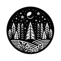 Nighttime forest scene within a circle silhouette of pine trees under a crescent moon and stars, showcasing a minimalist black and white design. vector
