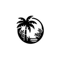 Minimalist Black Silhouette of Palm Tree, Foliage, and Scenic Elements Enclosed in a Circle on a White Background. vector