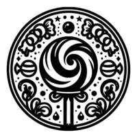 Circular black white illustration of a lollipop surrounded by candies, stars, and floral elements, creating a whimsical, decorative design. vector