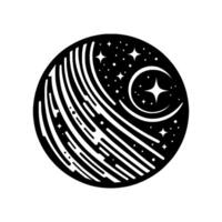 Minimalist Celestial Sphere Black and white circular featuring flowing lines, crescent moon, and sparkling stars within a stylized cosmos. vector