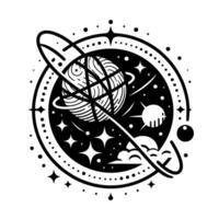 Intricate Black and White Cosmic Emblem Planet with Rings, Stars, Sun, and Clouds in Circular Border. vector