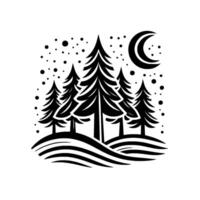 Black and white minimalist illustration of a forest scene at night, with pine trees, crescent moon, and a starry sky. vector