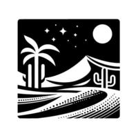 Stylized Monochrome Desert Night Scene with Palm Tree, Cactus, Mountains, Stars, Moon, and Textured Path. vector