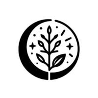 Minimalist Black and White Botanical Emblem A Branch of Leaves, Buds, Stars, and Dots Encased in a Crescent Moon Circle. vector