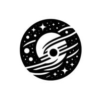 Abstract cosmic featuring a stylized planet with orbital bands, surrounded by stars, constellations, and celestial objects, in a black and white aesthetic. vector