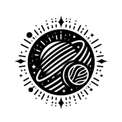 Monochromatic illustration of two stylized planets with rings and orbiting moon, surrounded by a celestial frame of stars and dotted lines.
