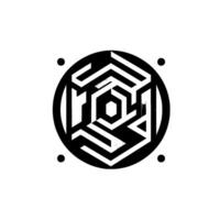 Geometric Black and White Hexagonal Labyrinth Within a Circle, Adorned by Four Dots on White Background vector