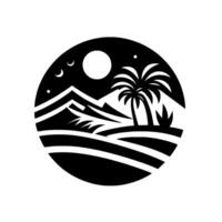 Minimalist Graphic Black and White Circular Scene Depicting Mountains, Palm Trees, Sun, Moon, and Stars vector