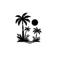 Silhouette of Tropical Beach Scene Palm Trees, Sun, and Foliage with water reflection on a white background. vector