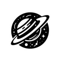 A stylized monochrome illustration of a ringed planet amidst a starry background, showcasing minimalist space aesthetics. vector