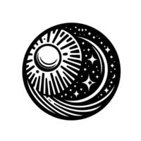 Stylized black and white celestial emblem solar disc with radiating lines, crescent moon, and sparkling stars in a circular composition. vector