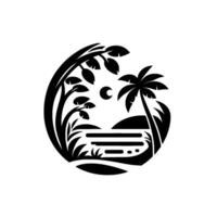 Silhouette of a tropical island sunset scene with crescent moon, palm trees, and lush vegetation, set in a circle. vector