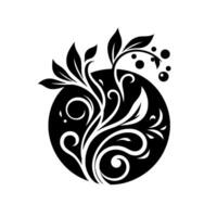 Elegant Black and White Floral Motif within a Circle Botanical with Curled Vines, Leaves, and Berries. vector