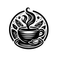 Elegant black and white coffee featuring a stylized cup, saucer, steam, leaves and coffee beans within a circular frame. vector