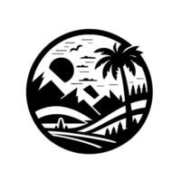 Black and white circular landscape illustration featuring mountains, palm tree, sun, clouds, birds, and stylized trees. vector