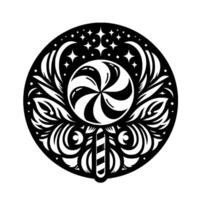 Intricate Black and White Lollipop Design, Circular Composition with Decorative Foliage and Starry Night Motif. vector