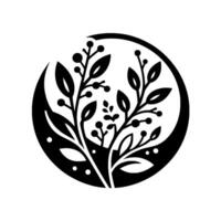 Elegant Black and White Botanical Silhouette Design Crescent Moon with Berries, Leaves, and Plant Foliage within Circular Frame. vector