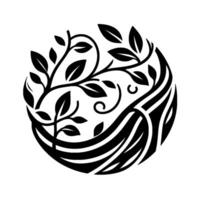 Artistic Black and White Circular Design Branching Leaves, Curving Lines, and Swirls, Symbolizing Natures Harmony. vector