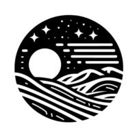 Minimalist Circle Illustration of a Night Sky with Stars, Moon over Waves, and Mountains in Black White. vector